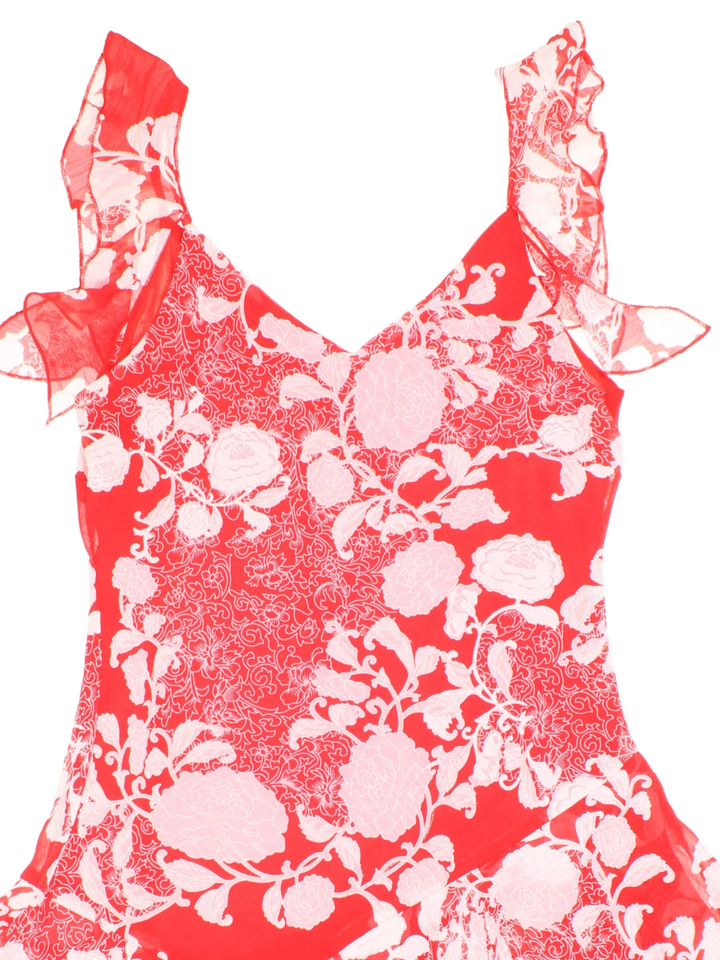 Y2K Floral Asymmetrical Dress in red/white colourway with sheer frill detail and waterfall hem.