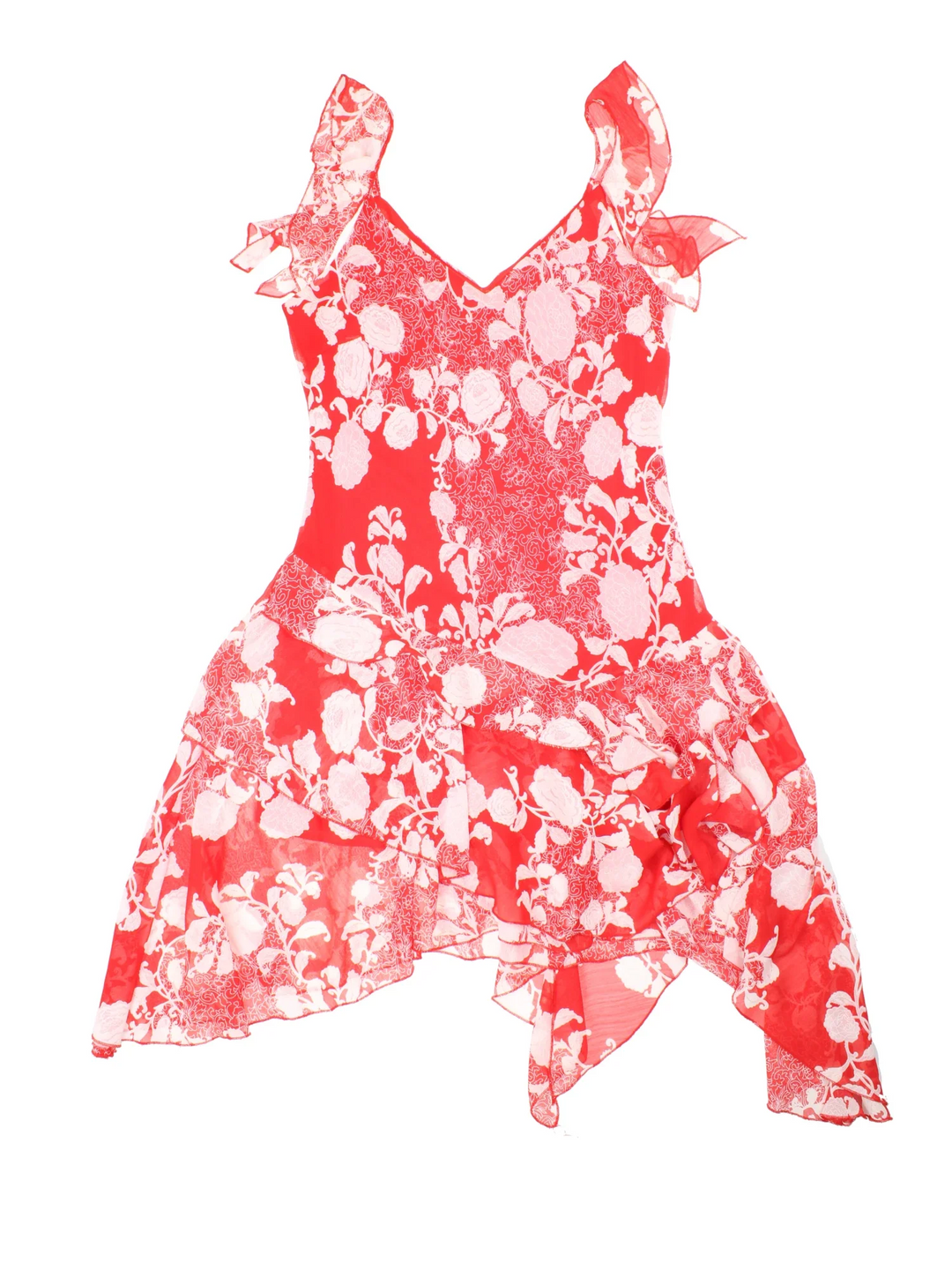 Y2K Floral Asymmetrical Dress in red/white colourway with sheer frill detail and waterfall hem.