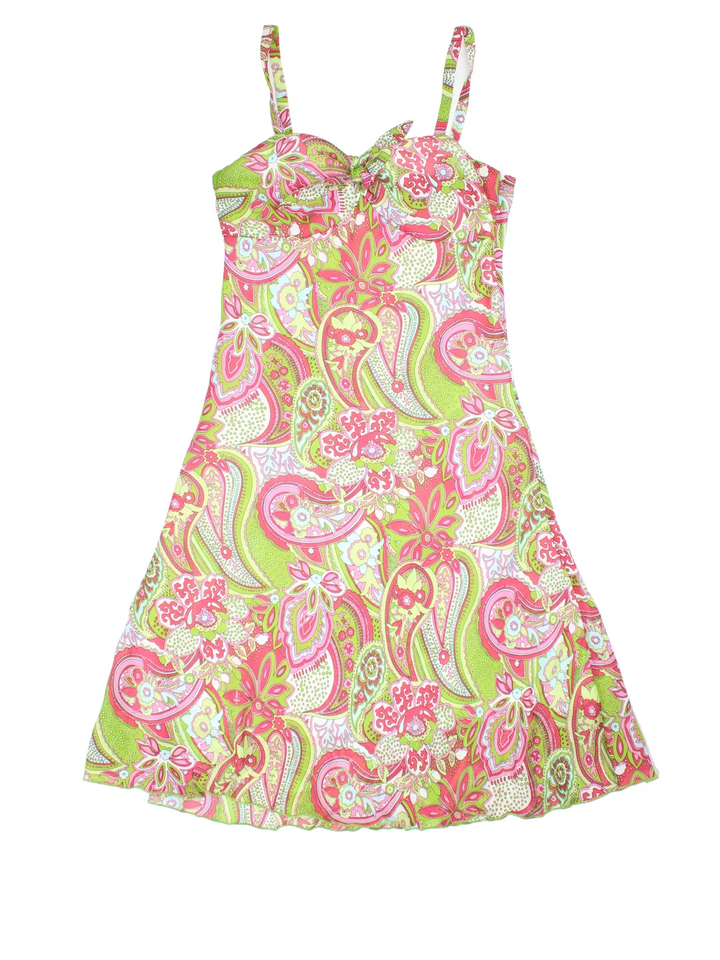 Y2K Paisley Dress in green/pink colourway with tie bust detail and sheer overlay.