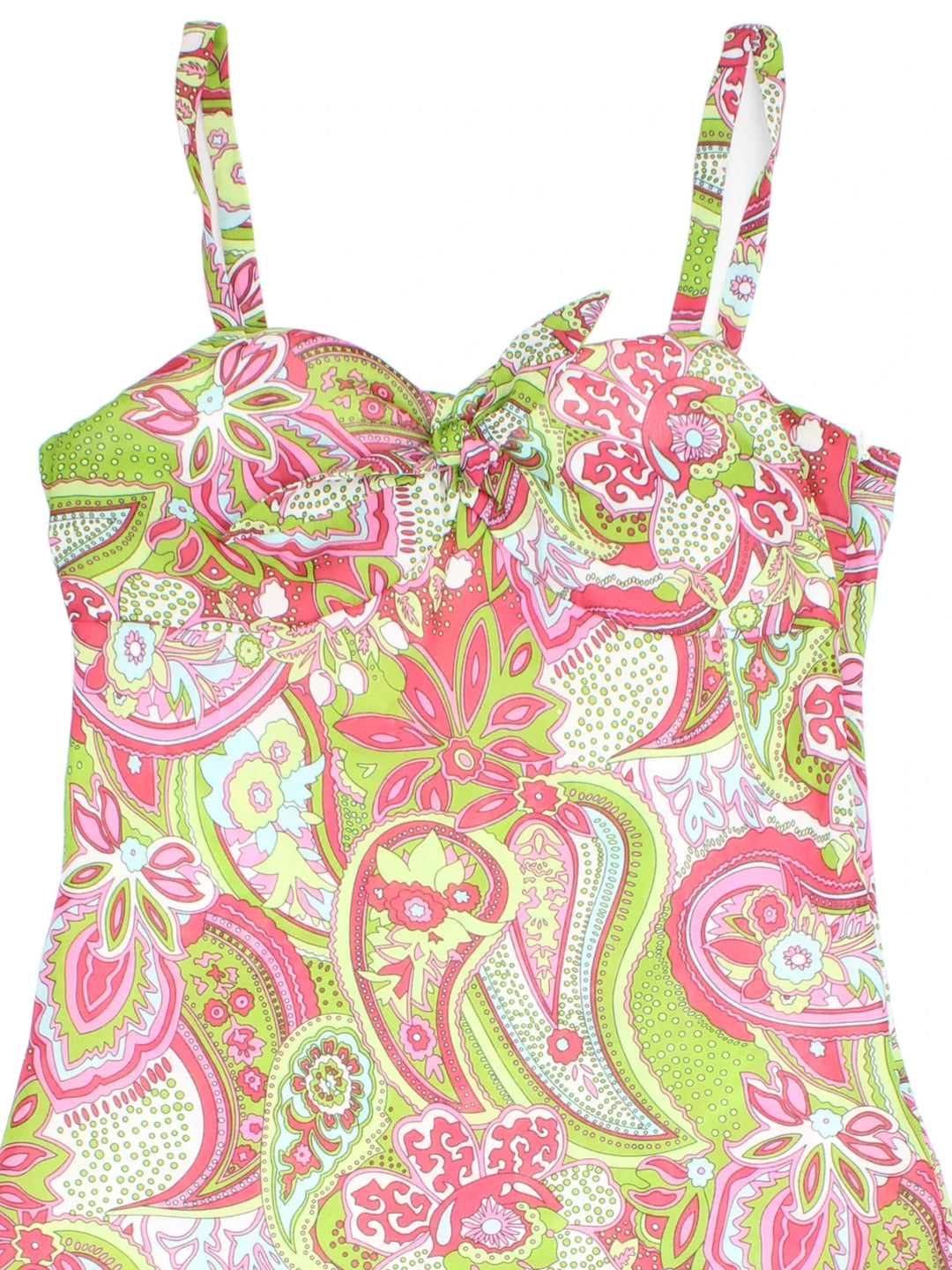 Y2K Paisley Dress in green/pink colourway with tie bust detail and sheer overlay.
