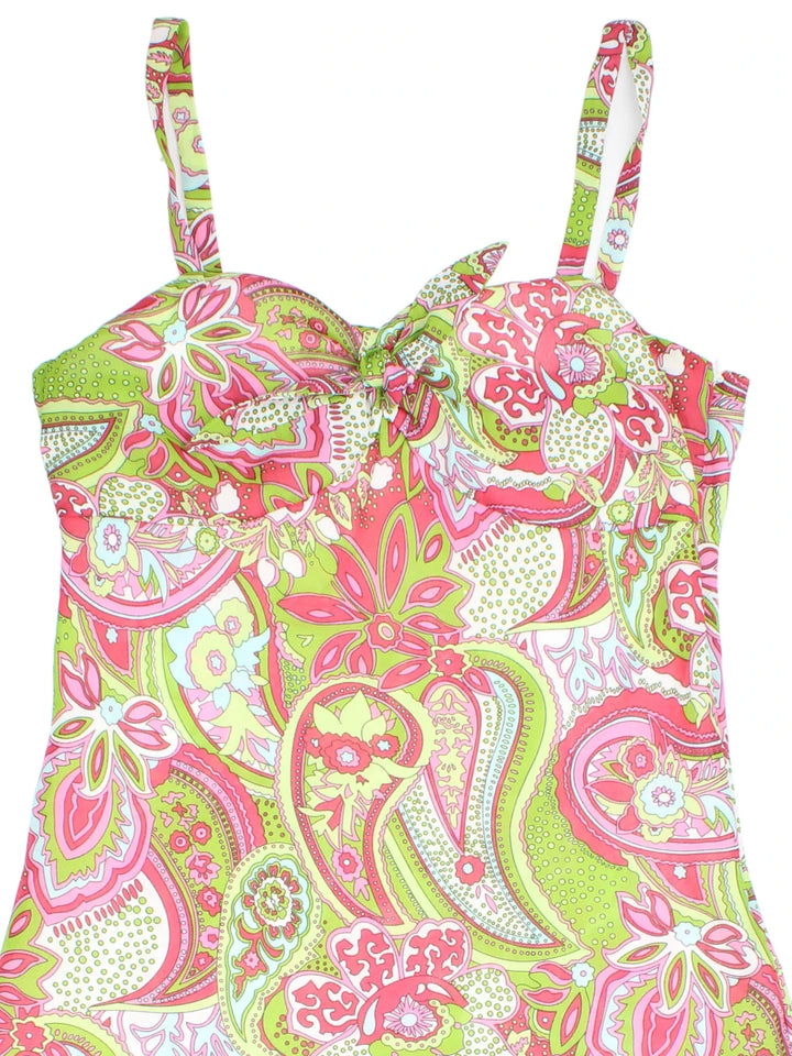 Y2K Paisley Dress in green/pink colourway with tie bust detail and sheer overlay.