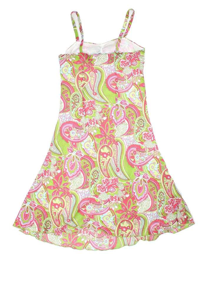 Y2K Paisley Dress in green/pink colourway with tie bust detail and sheer overlay.