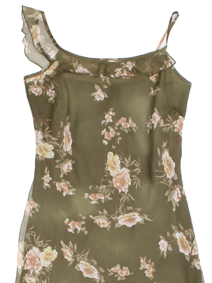 Y2K Asymmetrical Floral Dress in green/pink colourway with sheer overley and frill detail.