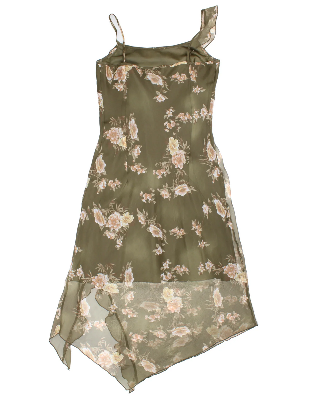 Y2K Asymmetrical Floral Dress in green/pink colourway with sheer overley and frill detail.