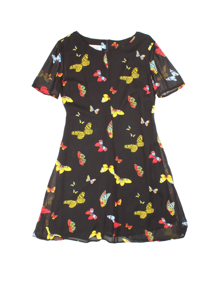 Vintage 90's Butterfly Tea Dress in black colourway with all over print and sheer overlay.
