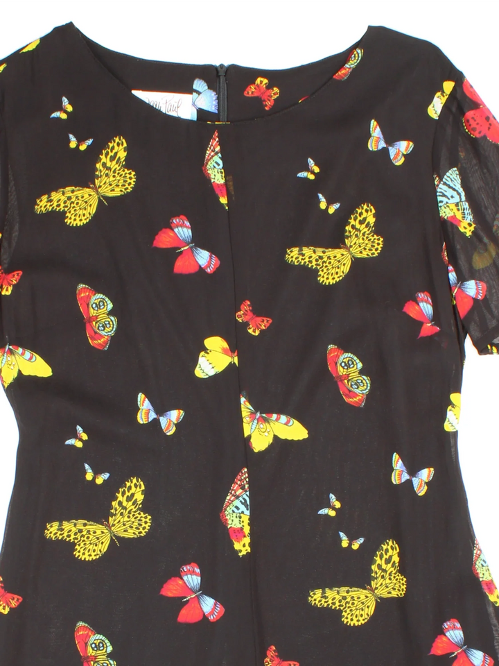 Vintage 90's Butterfly Tea Dress in black colourway with all over print and sheer overlay.