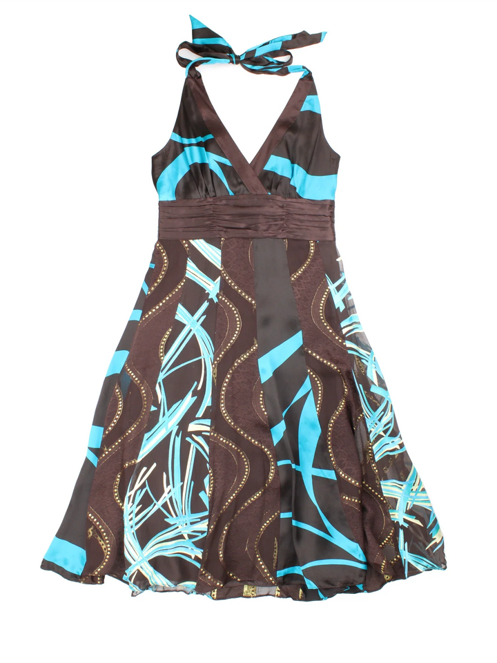 Y2K Halterneck Dress in brown/blue colourway with all over print, gathered waist and sheer overlay.