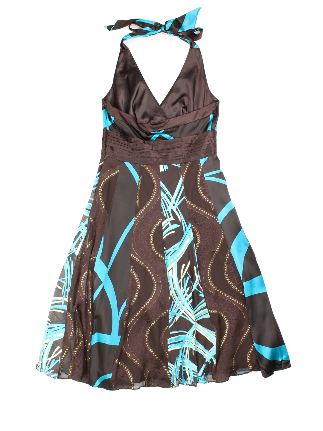Y2K Halterneck Dress in brown/blue colourway with all over print, gathered waist and sheer overlay.
