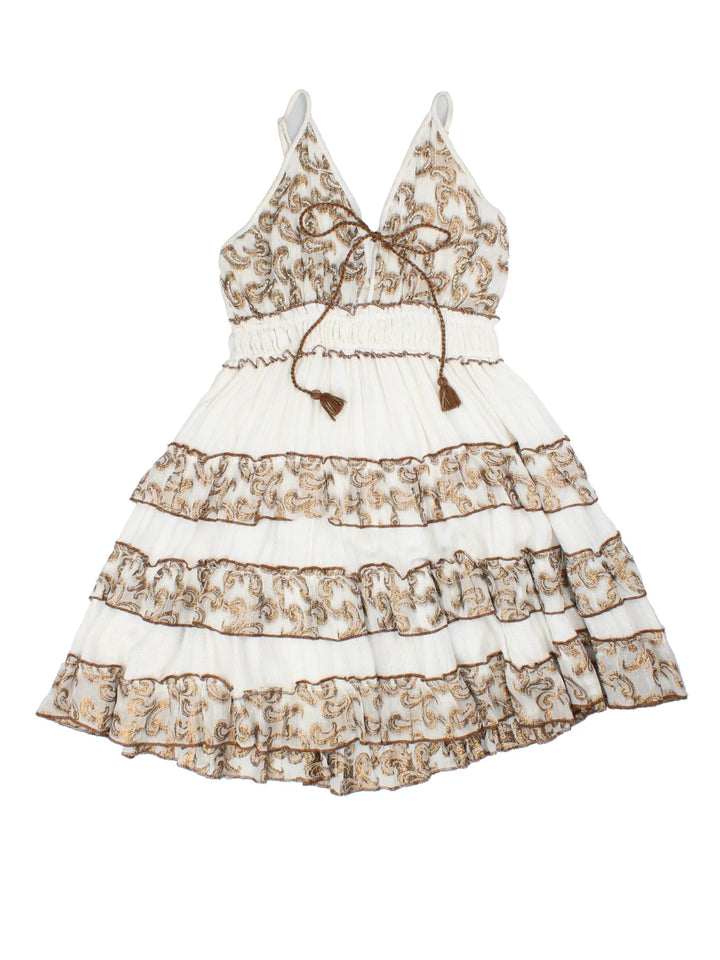 Y2K Tiered Mini Dress in white/bronze colourway. Adjustable straps, elasticated waist and multi layered skirt detail.
