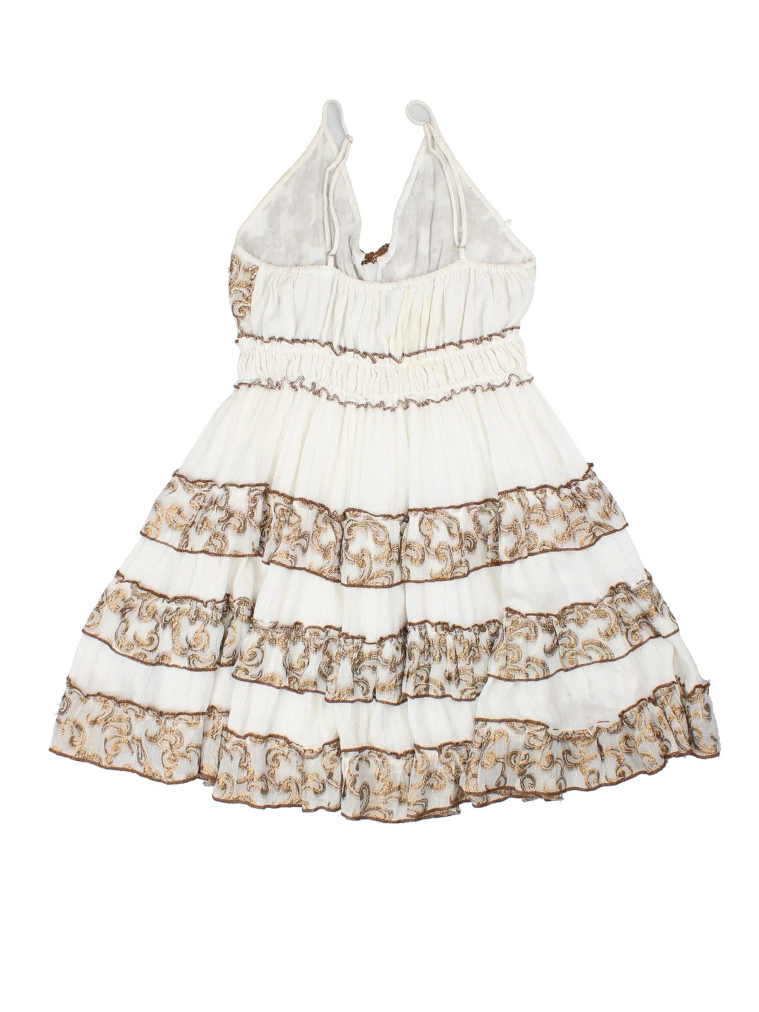 Y2K Tiered Mini Dress in white/bronze colourway. Adjustable straps, elasticated waist and multi layered skirt detail.