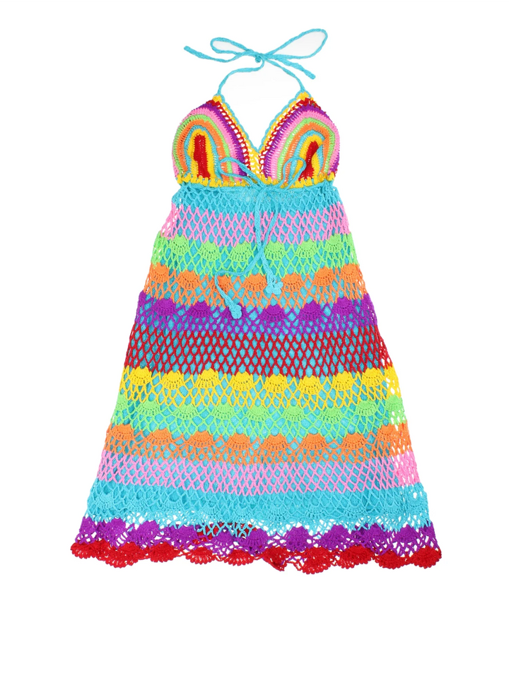 Vintage Crochect Halterneck Midi Dress in multicoloured colourway. Tie neck fastening and crochet layered skirt detail.