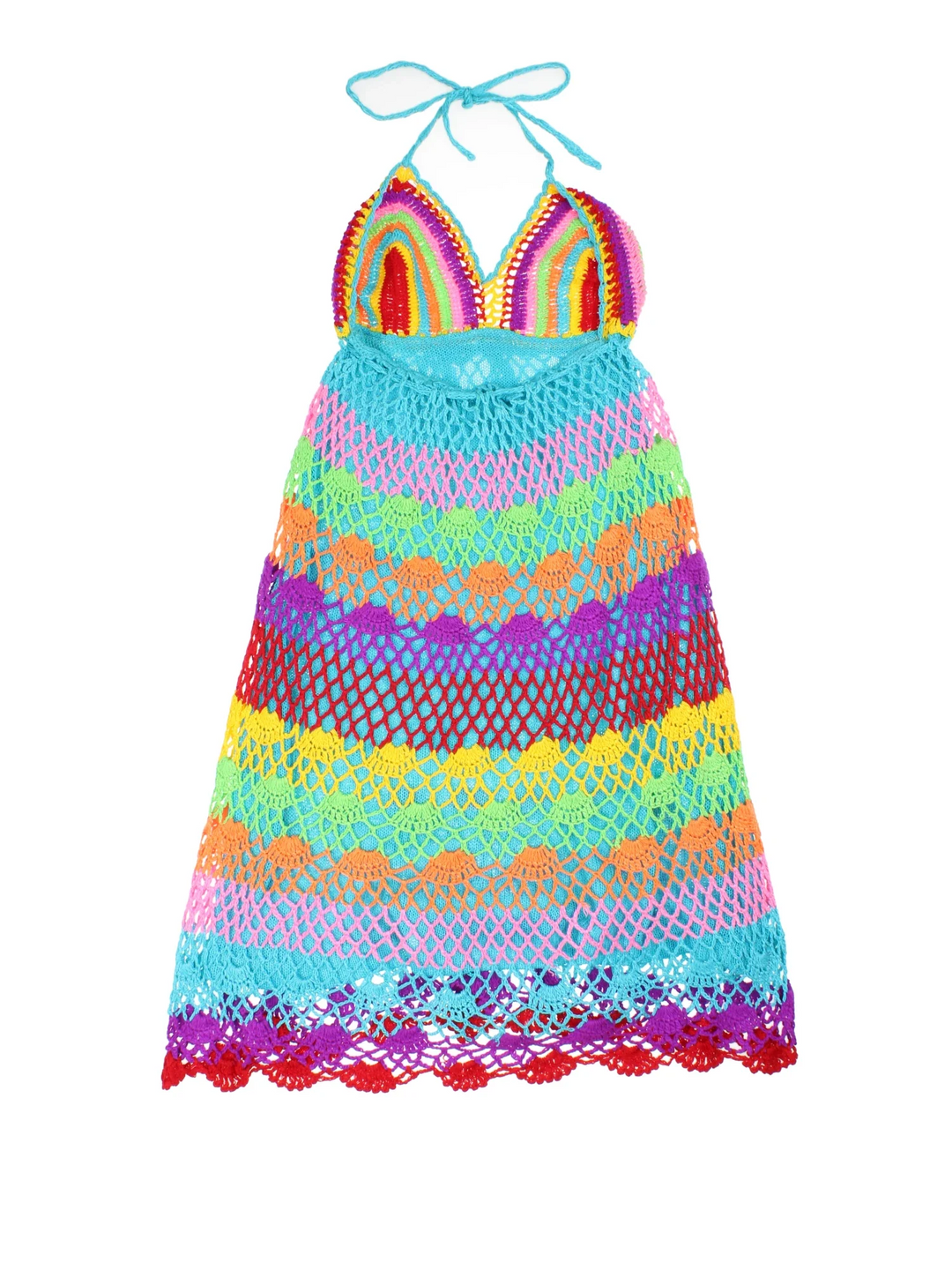 Vintage Crochect Halterneck Midi Dress in multicoloured colourway. Tie neck fastening and crochet layered skirt detail.