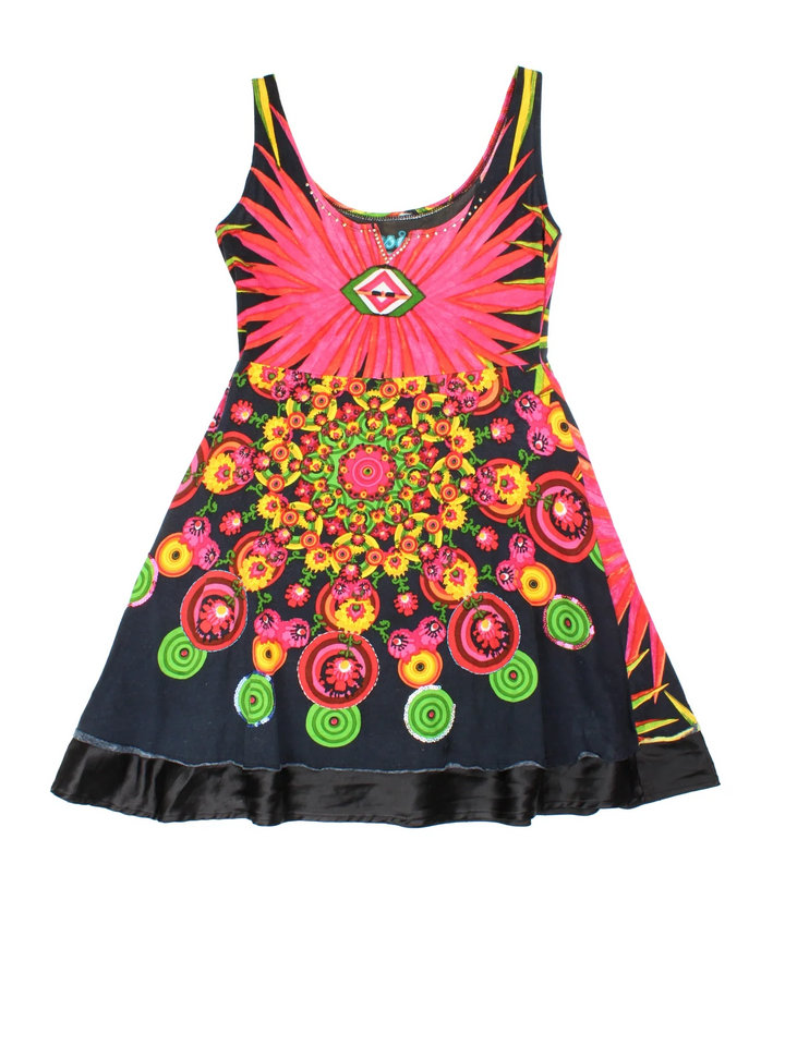 Y2K Desigual Dress in black/pink colourway. Scoop neck with small cut out V, satin trim and sequin detailing.