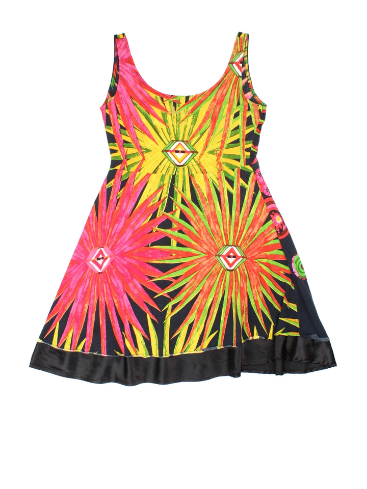 Y2K Desigual Dress in black/pink colourway. Scoop neck with small cut out V, satin trim and sequin detailing.
