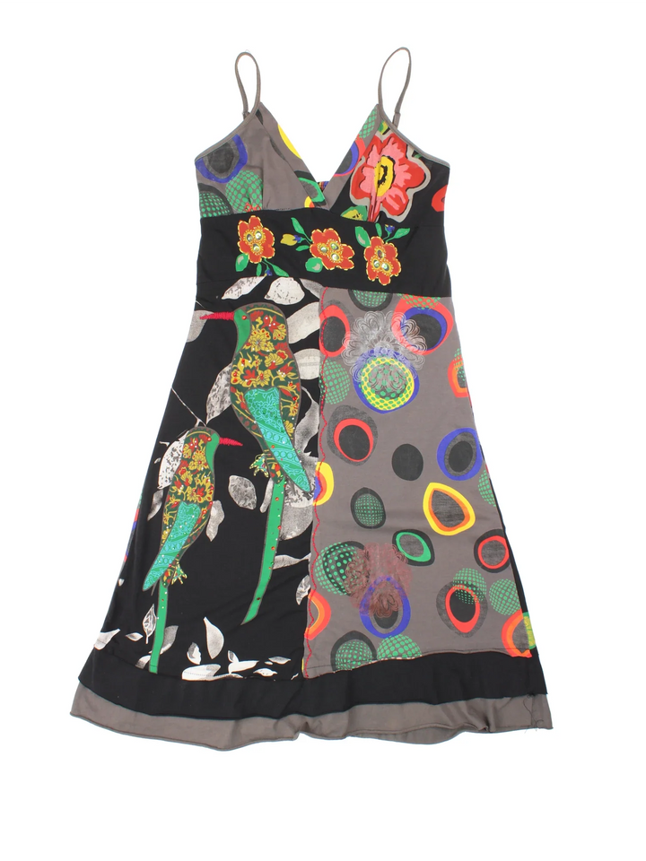 Y2K Midi Dress in black/multi colourway. V neck with adjustable straps, tie back and embroidered/sequin detailing.