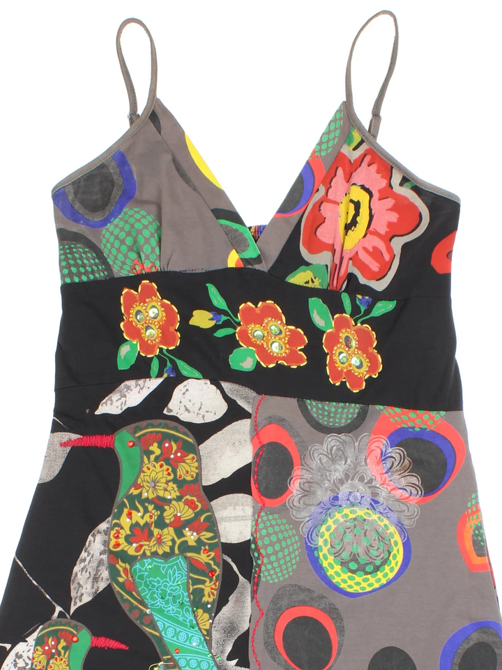 Y2K Midi Dress in black/multi colourway. V neck with adjustable straps, tie back and embroidered/sequin detailing.