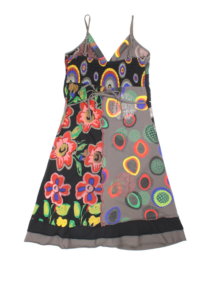 Y2K Midi Dress in black/multi colourway. V neck with adjustable straps, tie back and embroidered/sequin detailing.