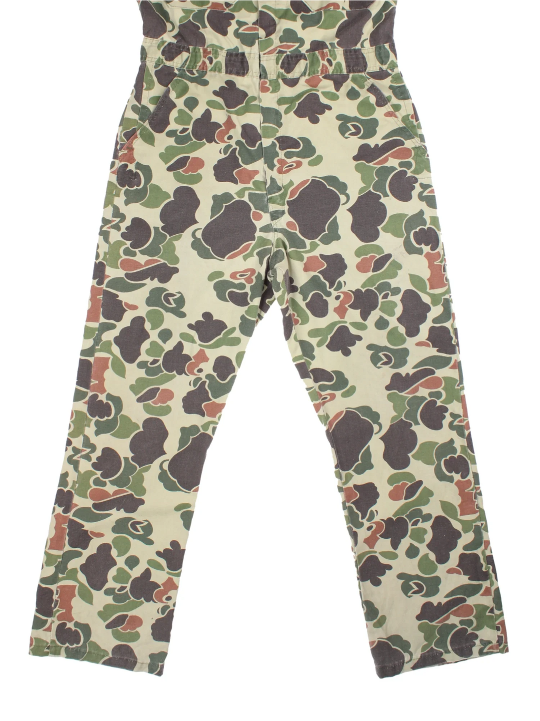 Vintage Walls Camo Overalls in a green and brown colourway with multiple pockets and button up collar.