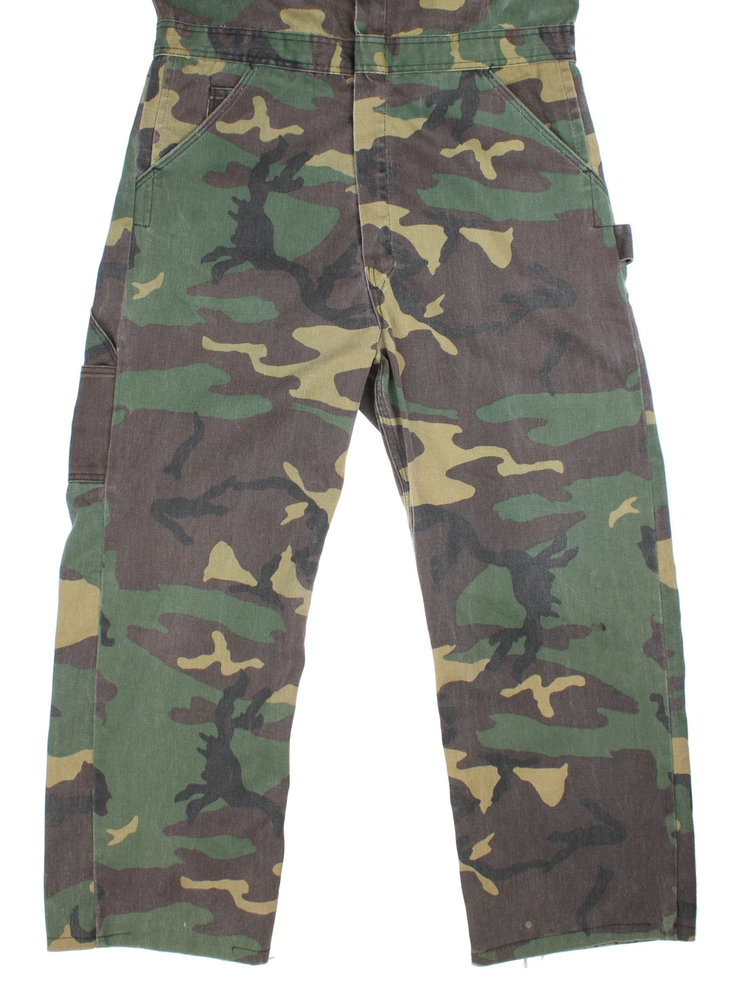 Vintage Pointer Brand Camo Overalls in green and brown colourway with multiple pockets and a button up collar.