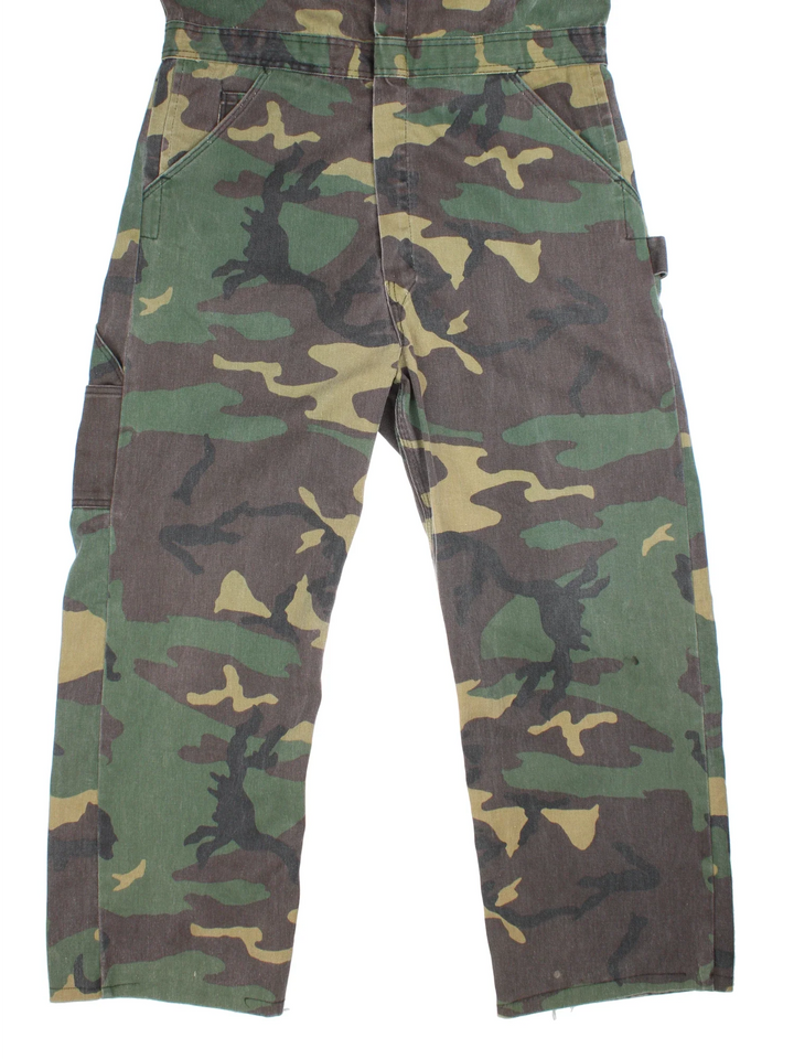 Vintage Pointer Brand Camo Overalls in green and brown colourway with multiple pockets and a button up collar.