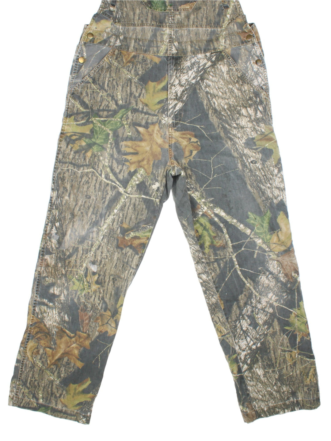 Vintage Forest Camo Dungarees in a green and brown colourway with multiple pockets, and adjustable straps.