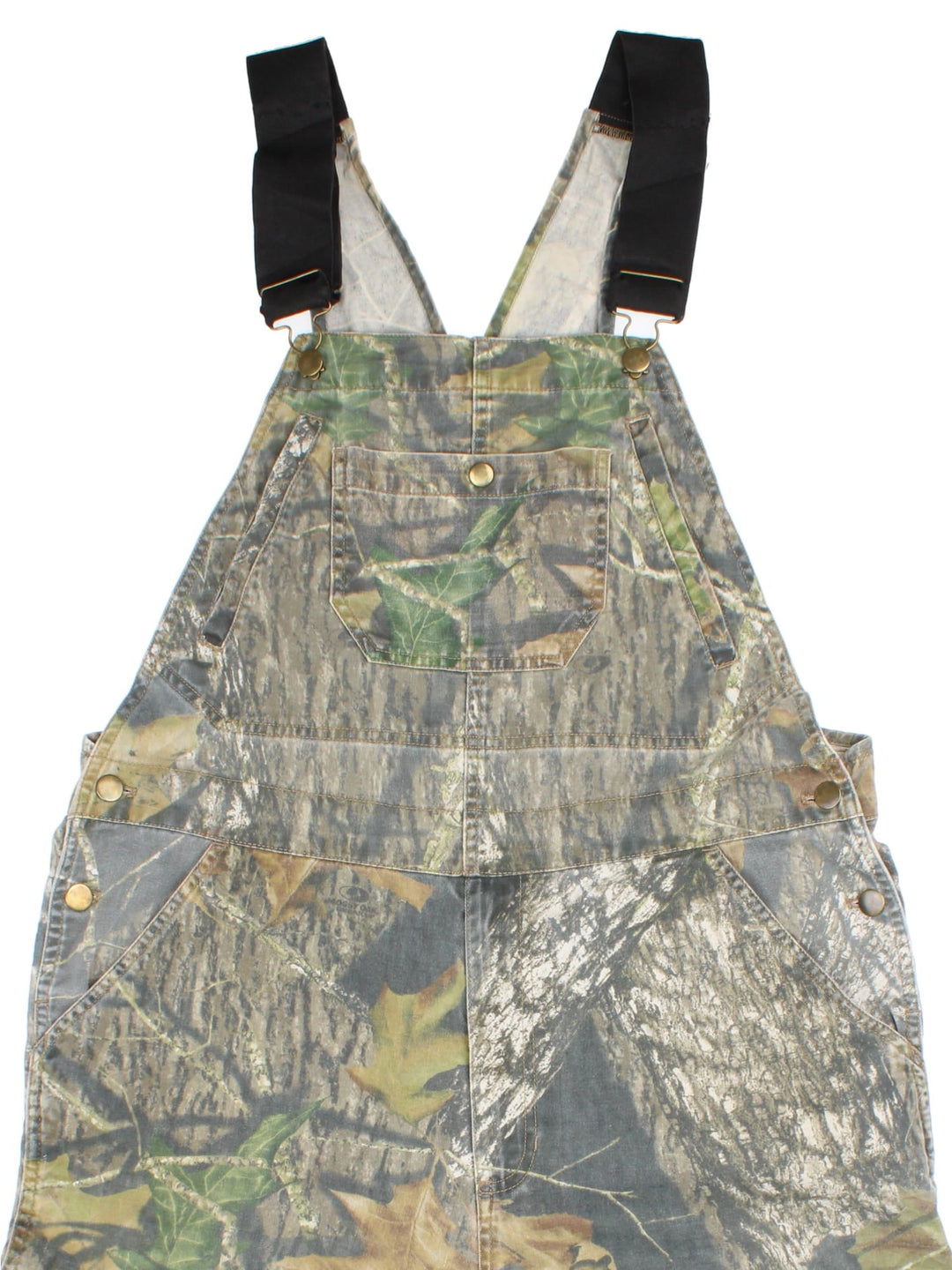 Vintage Forest Camo Dungarees in a green and brown colourway with multiple pockets, and adjustable straps.