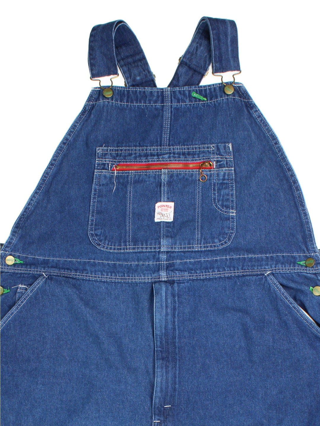Vintage Pointer Dungarees in blue colourway with multiple pockets, adjustable straps, and the logo embroidered on the front.