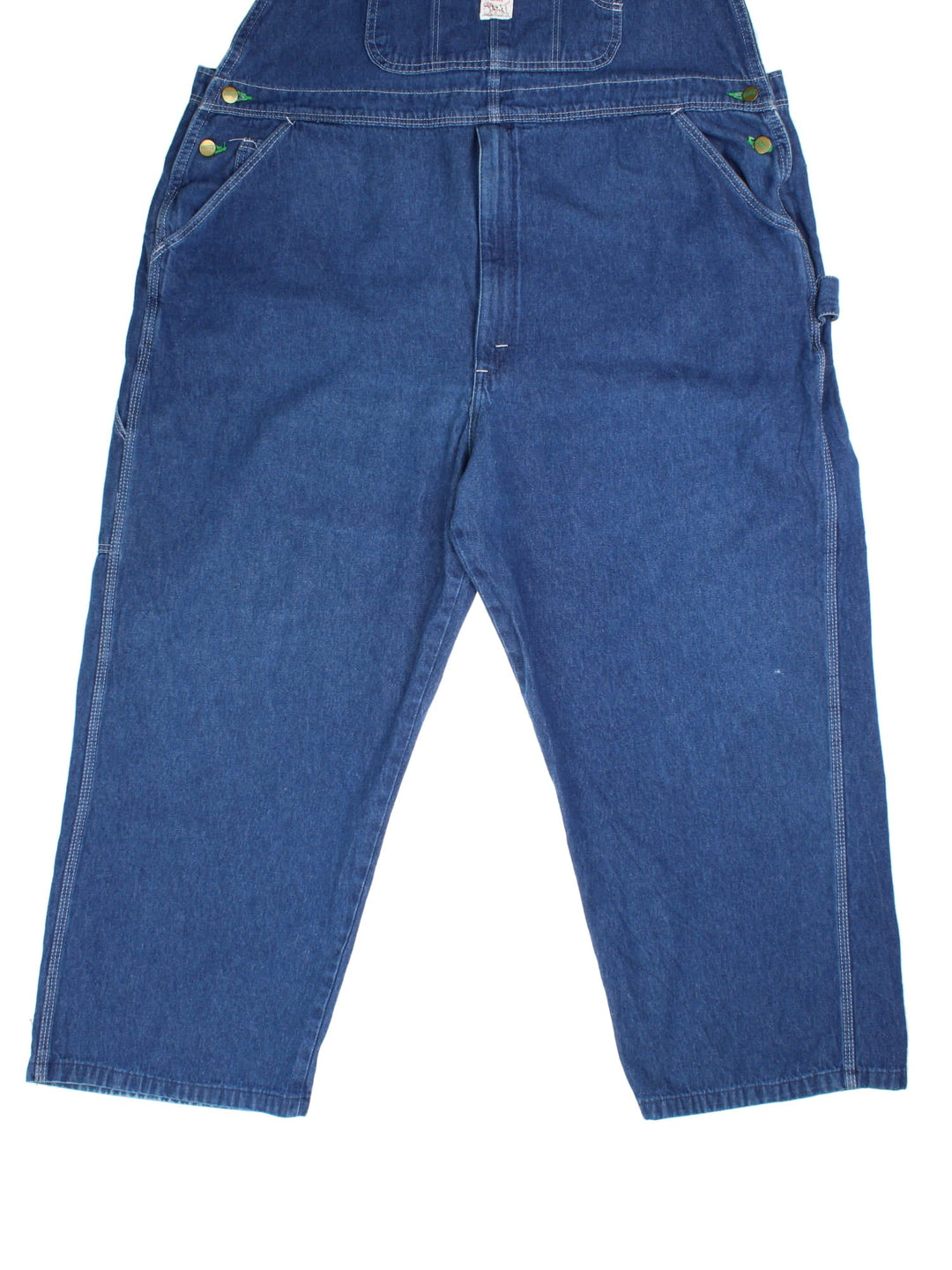 Vintage Pointer Dungarees in blue colourway with multiple pockets, adjustable straps, and the logo embroidered on the front.