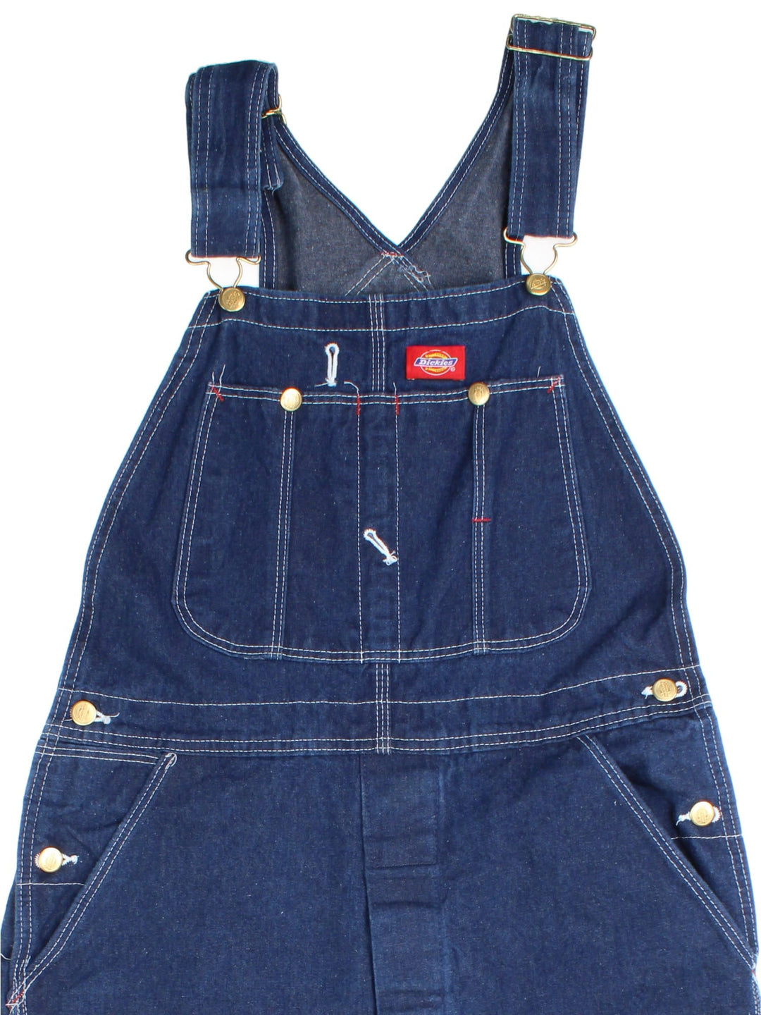 Dickies Dungarees in blue colourway with multiple pockets, adjustable straps, and has the logo embroidered on the front.