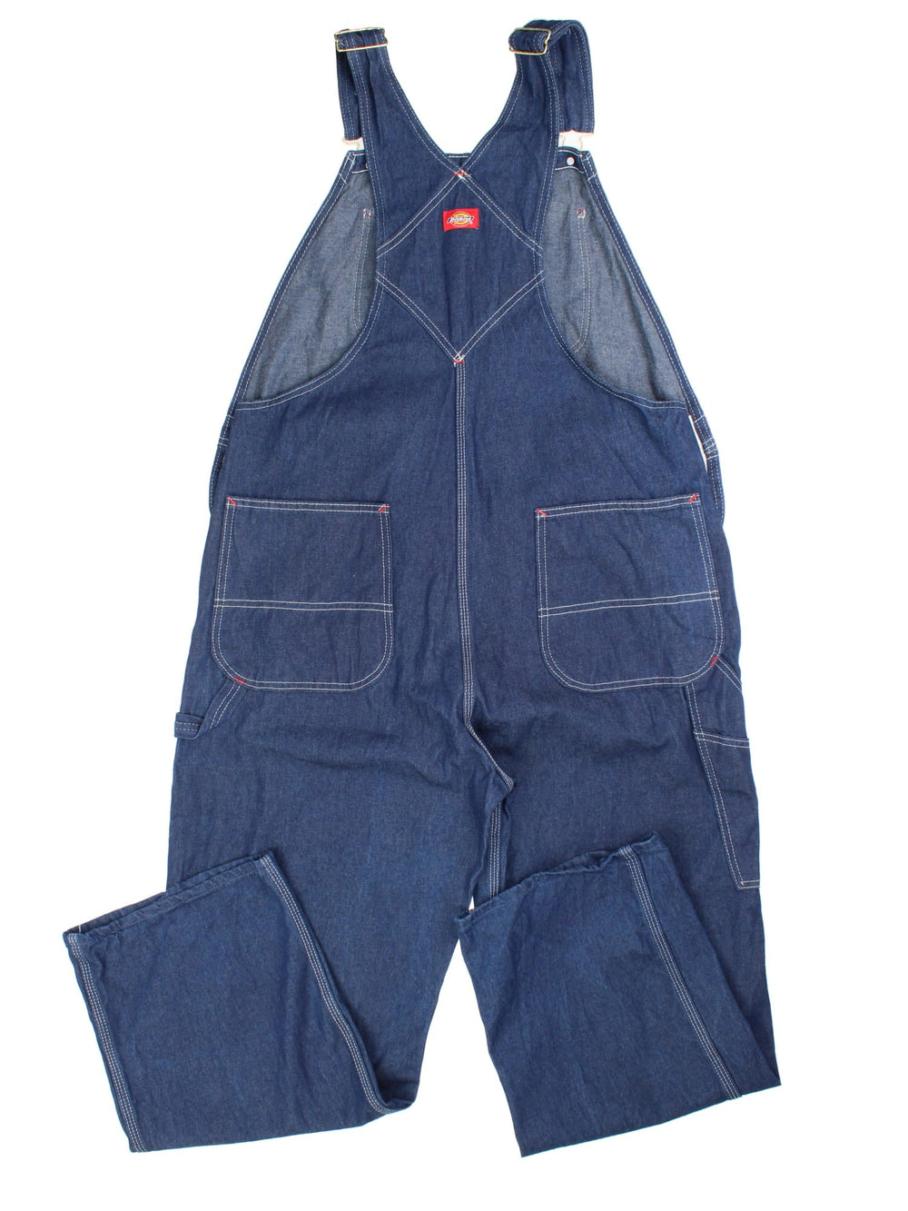 Dickies Dungarees in blue colourway with multiple pockets, adjustable straps, and the logo embroidered on the front.