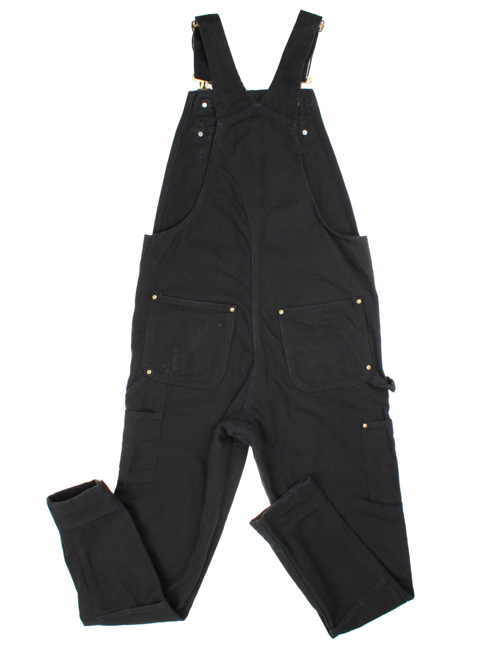 Carhartt Dungarees in black colourway with multiple pockets, adjustable straps, and the logo embroidered on the front.
