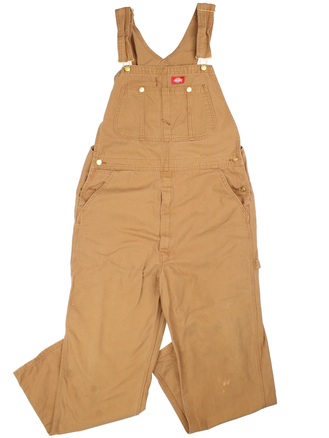 Dickies Dungarees in tan colourway with multiple pockets, adjustable straps and the logo embroidered on the front/back.