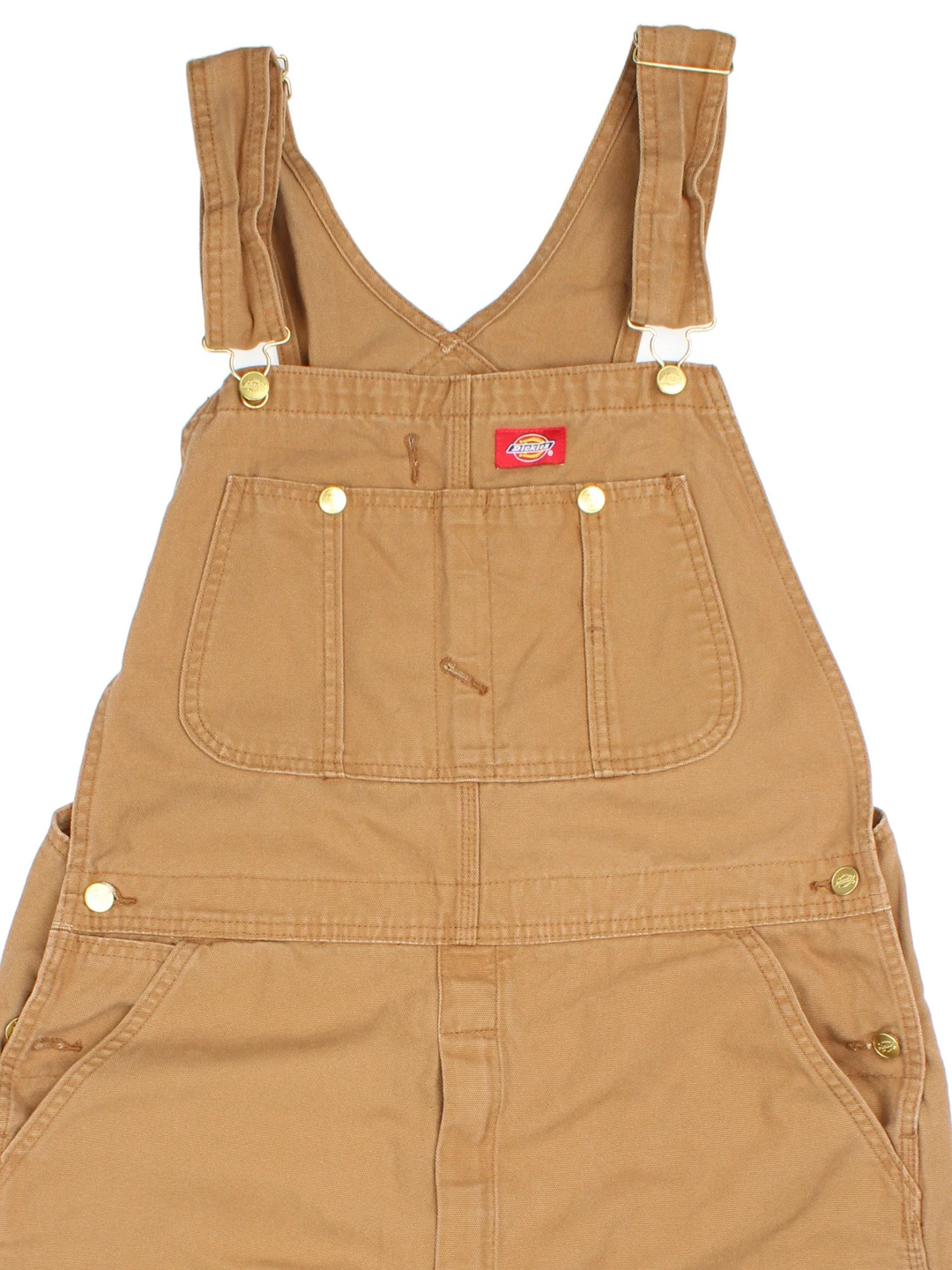Dickies Dungarees in tan colourway with multiple pockets, adjustable straps and the logo embroidered on the front/back.