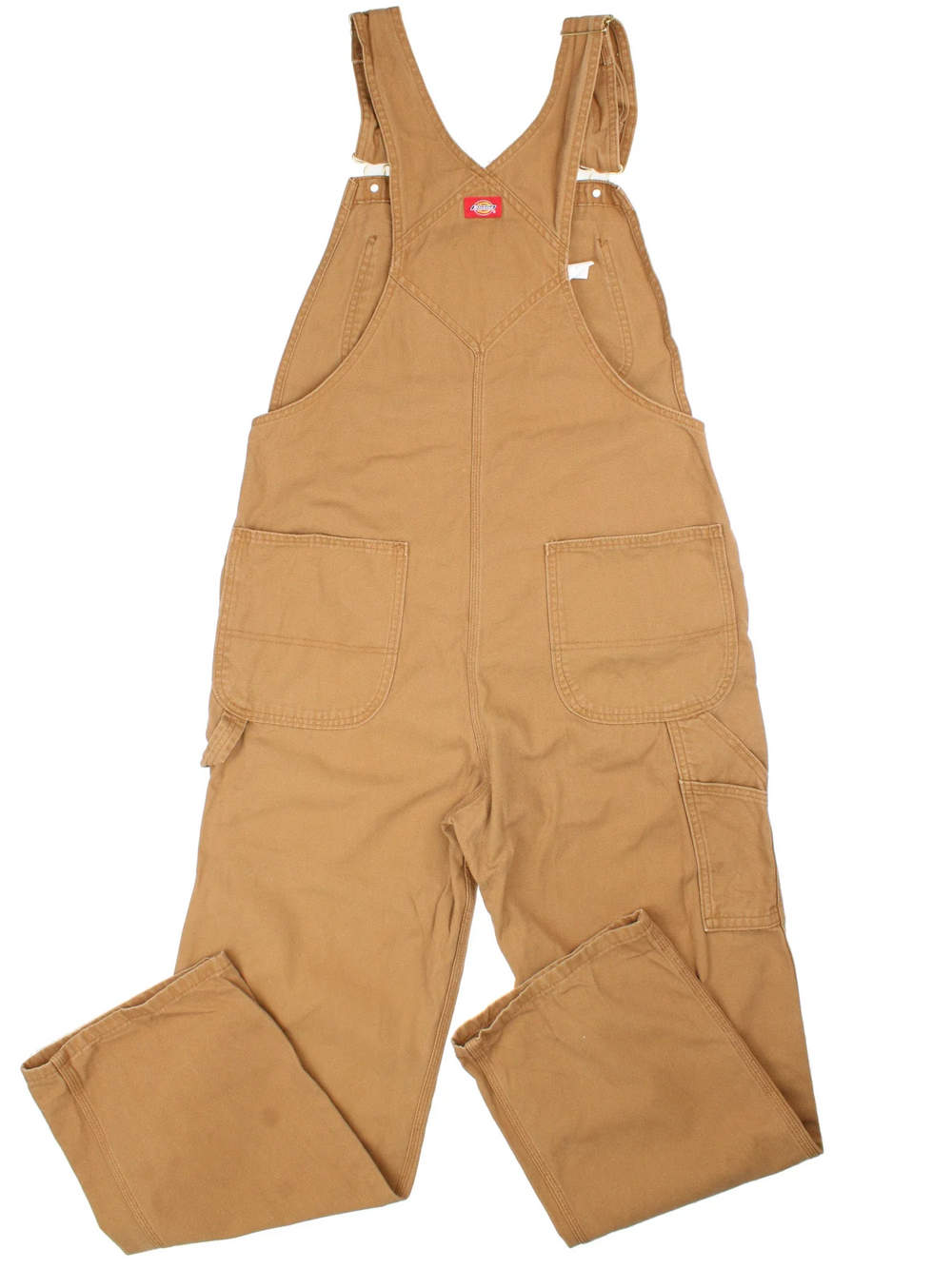 Dickies Dungarees in tan colourway with multiple pockets, adjustable straps and the logo embroidered on the front/back.