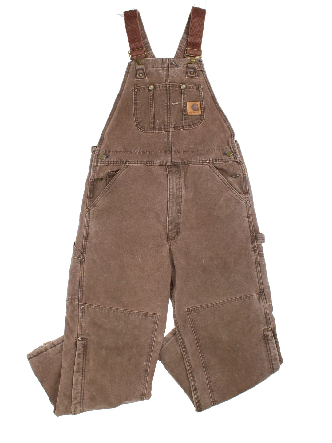 Carhartt Dungarees in brown colourway with multiple pockets, adjustable straps and the logo embroidered on the front.