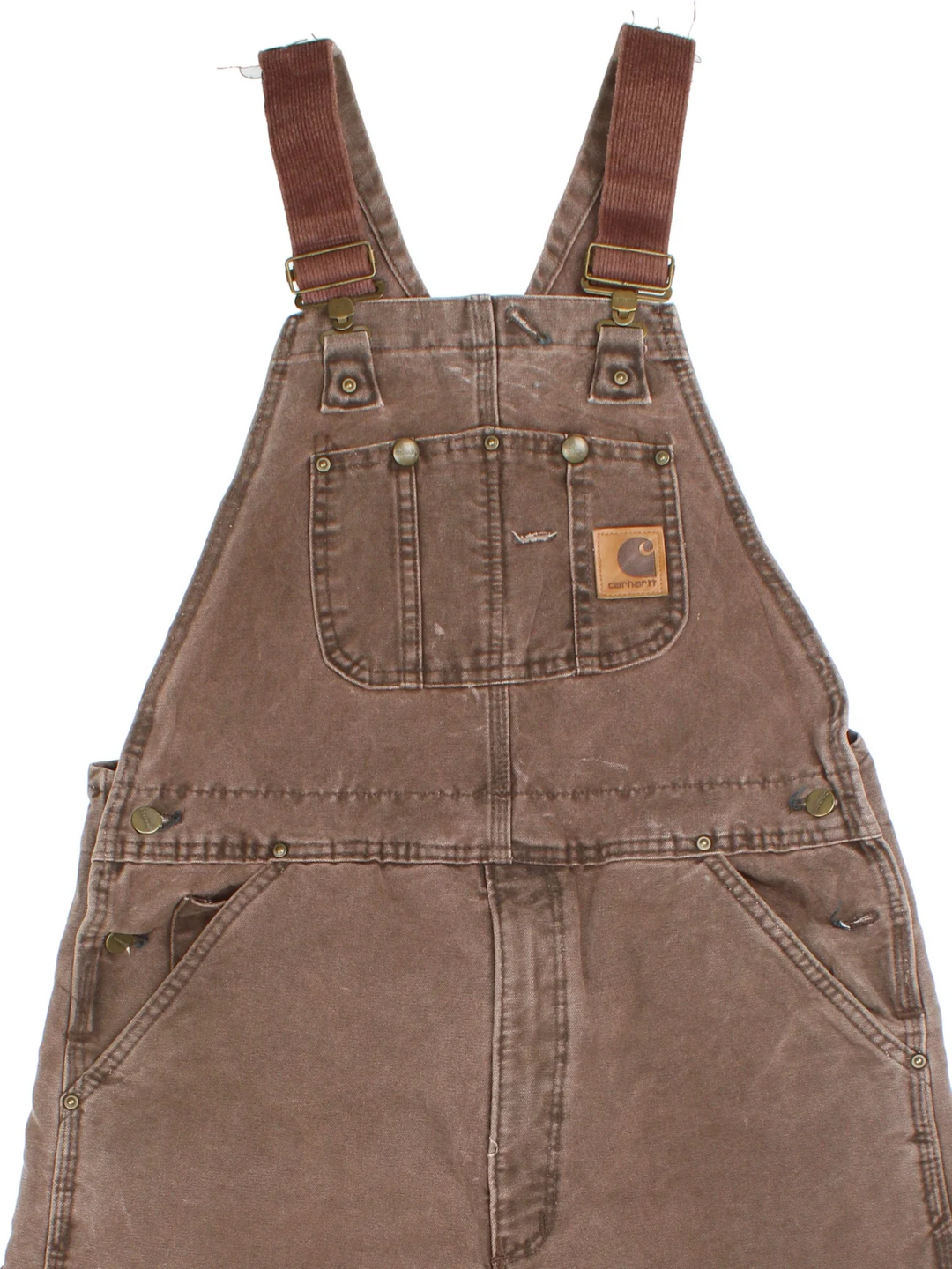 Carhartt Dungarees in brown colourway with multiple pockets, adjustable straps and the logo embroidered on the front.