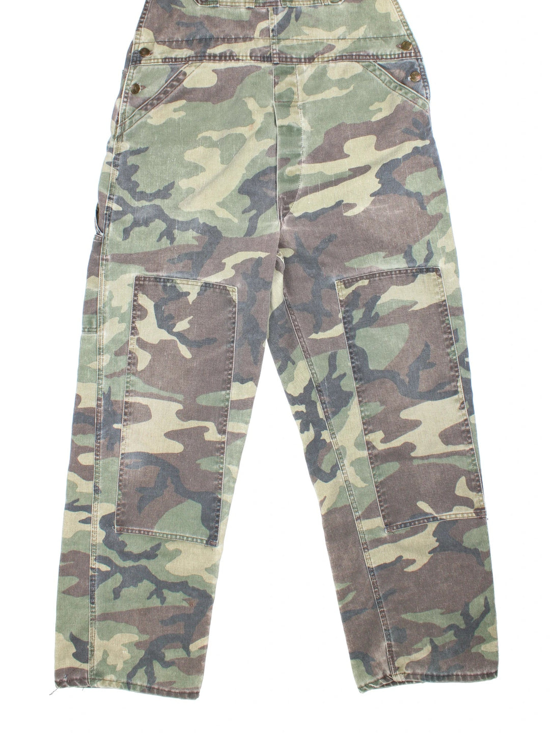 Vintage Liberty Camo Dungarees in green colourway with multiple pockets, branded buttons and the logo embroidered on the front/back.