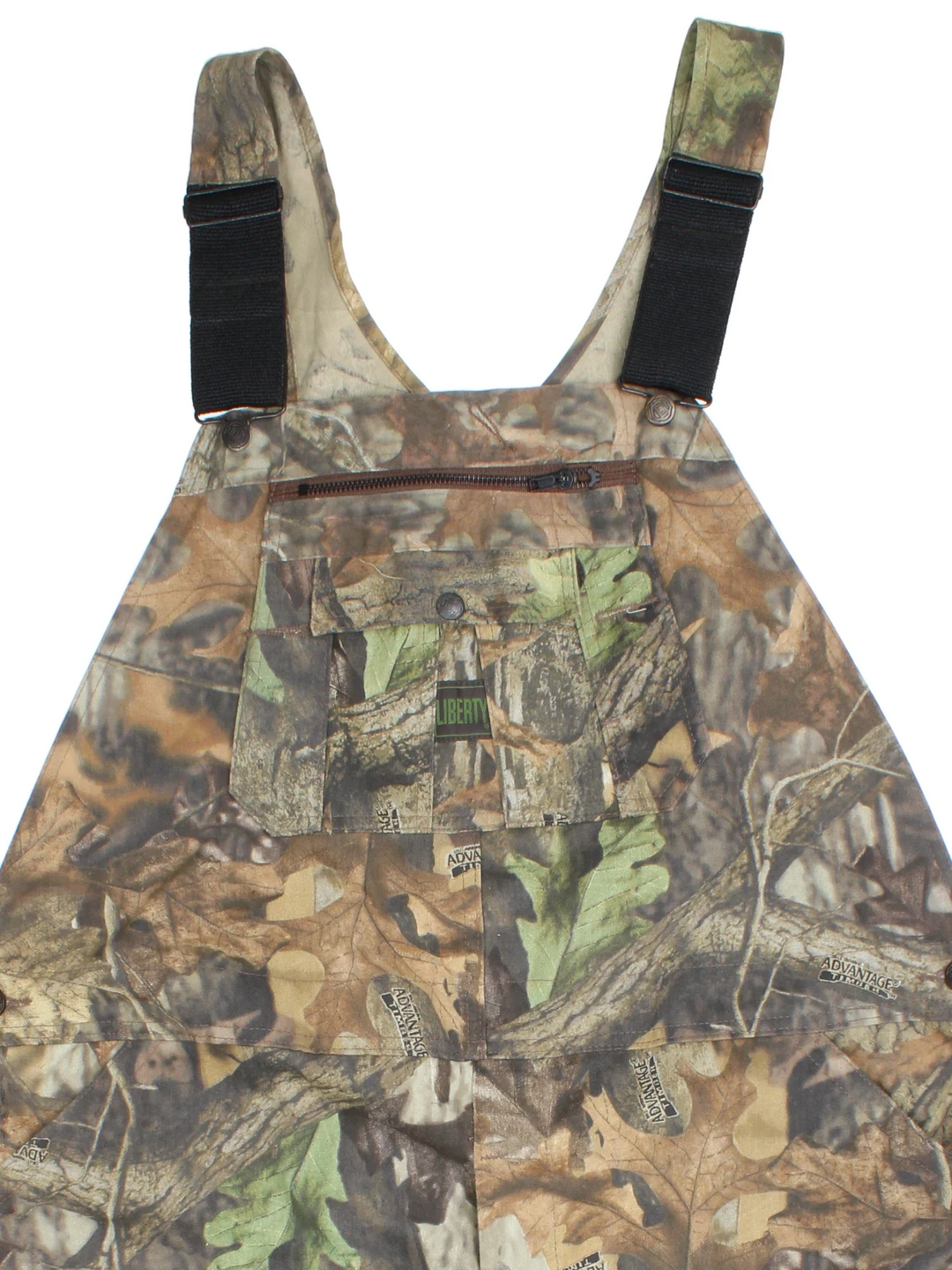 Vintage Liberty Camo Dungarees in green colourway with multiple pockets, branded buttons and the logo embroidered on the front/back.