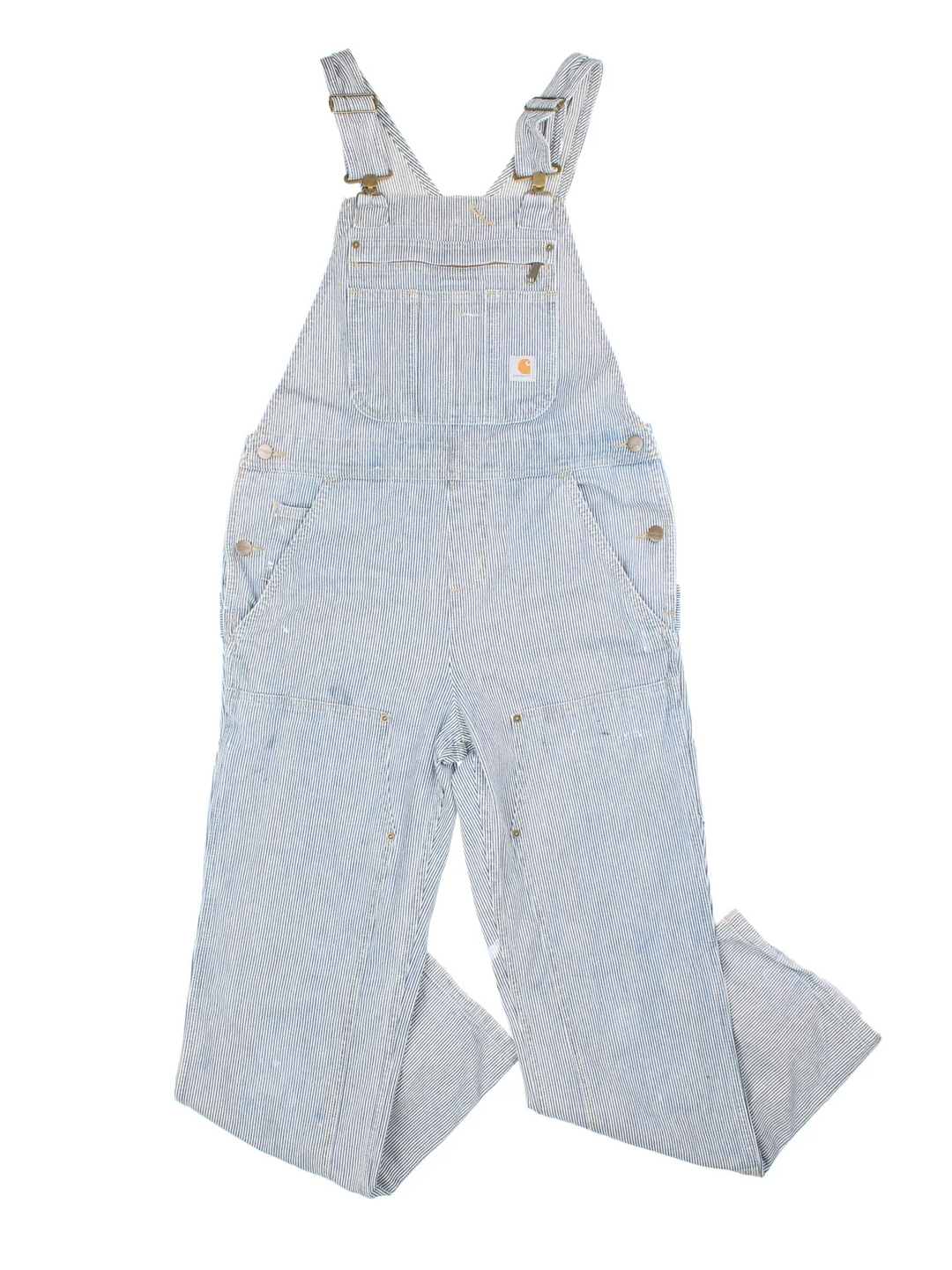 Carhartt Hickory Stripe Dungarees in blue colourway with multiple pockets, branded buttons and the logo embroidered on the front.