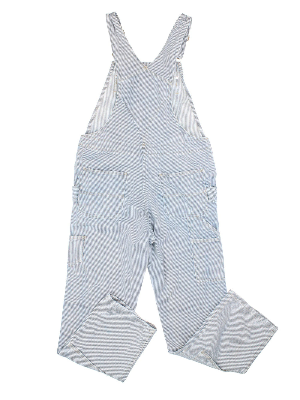 Carhartt Hickory Stripe Dungarees in blue colourway with multiple pockets, branded buttons and the logo embroidered on the front.