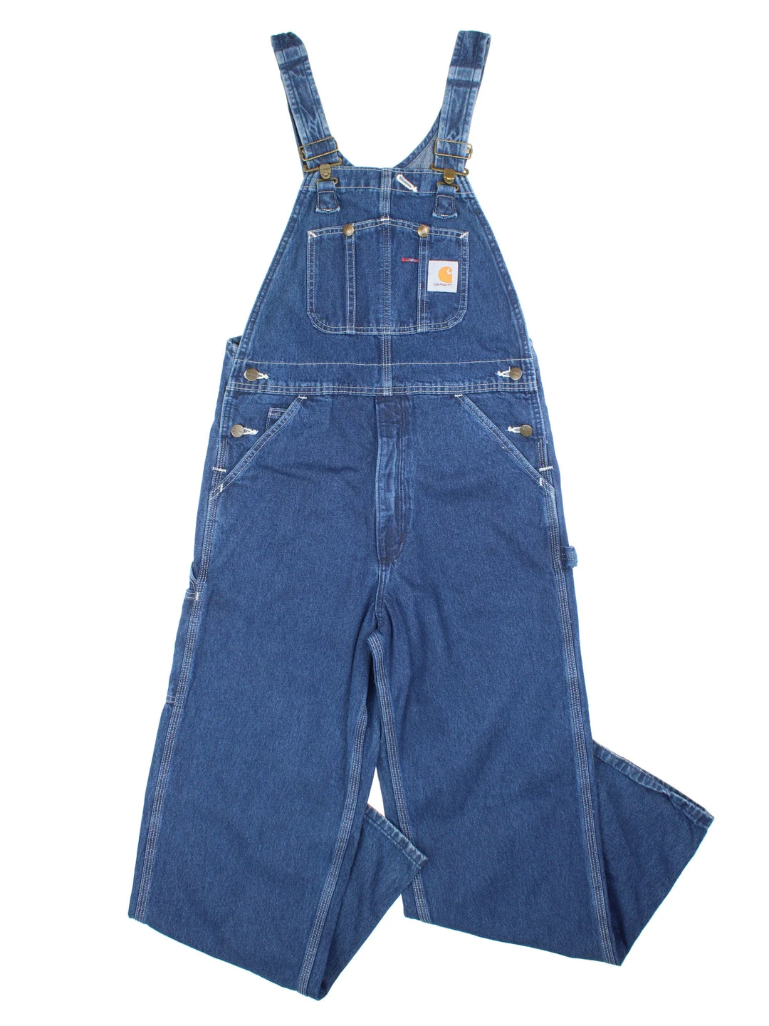 Carhartt Dungarees in blue colourway with multiple pockets, branded buttons and the logo embroidered on the front.