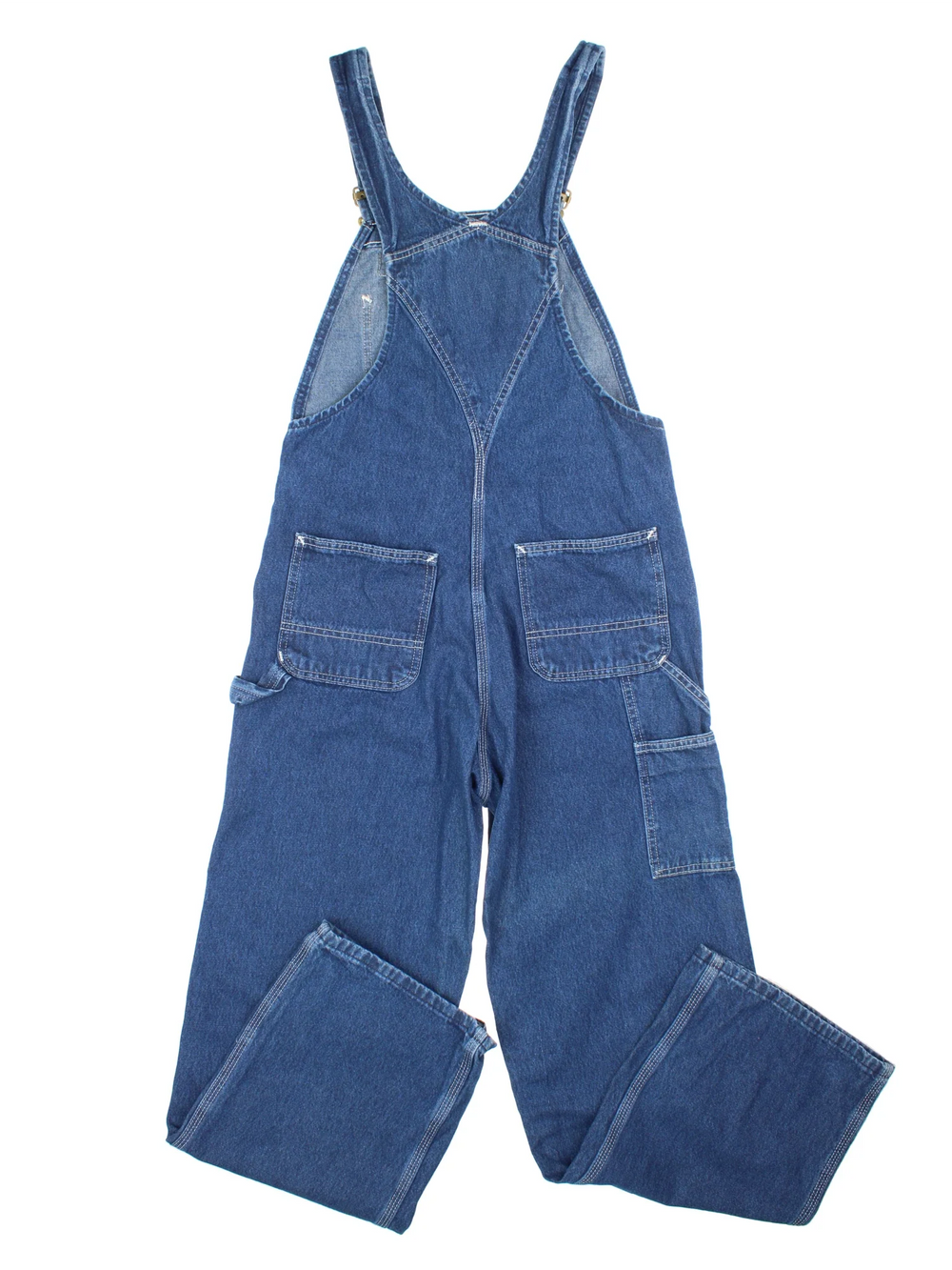 Carhartt Dungarees in blue colourway with multiple pockets, branded buttons and the logo embroidered on the front.