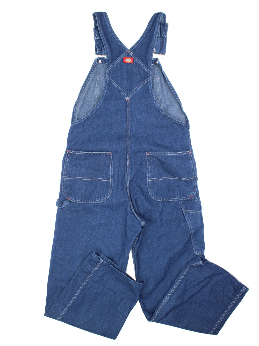 Dickies Dungarees in blue colourway with multiple pockets, branded buttons and the logo embroidered on the front/back.