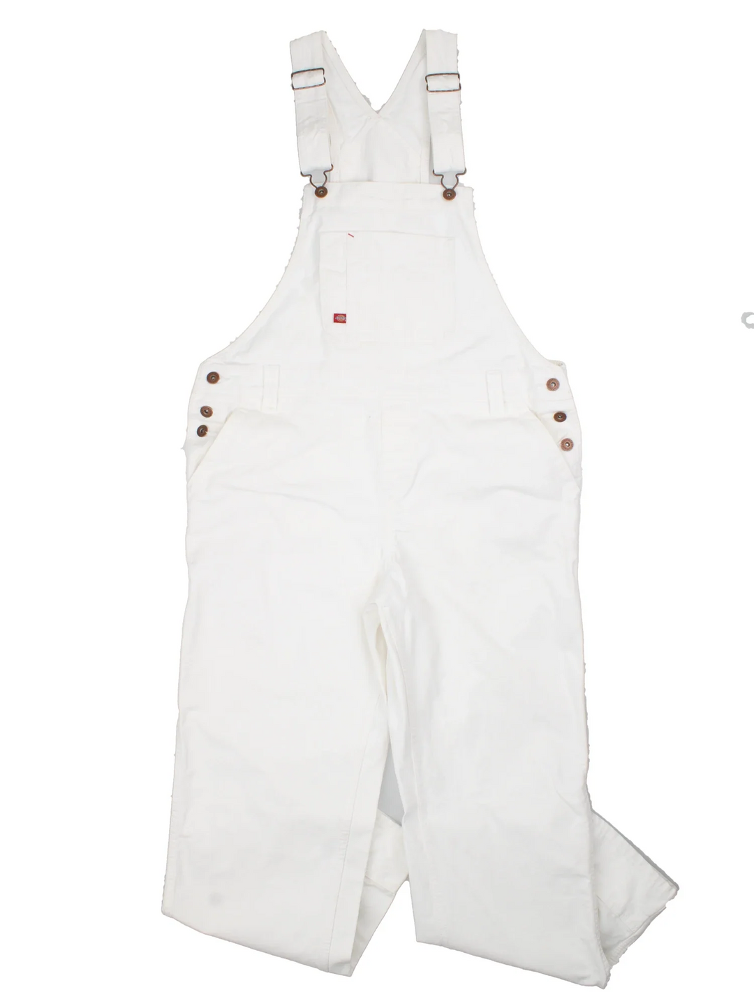Dickies Dungarees in white colourway with multiple pockets, branded buttons and the logo embroidered on the front/back.