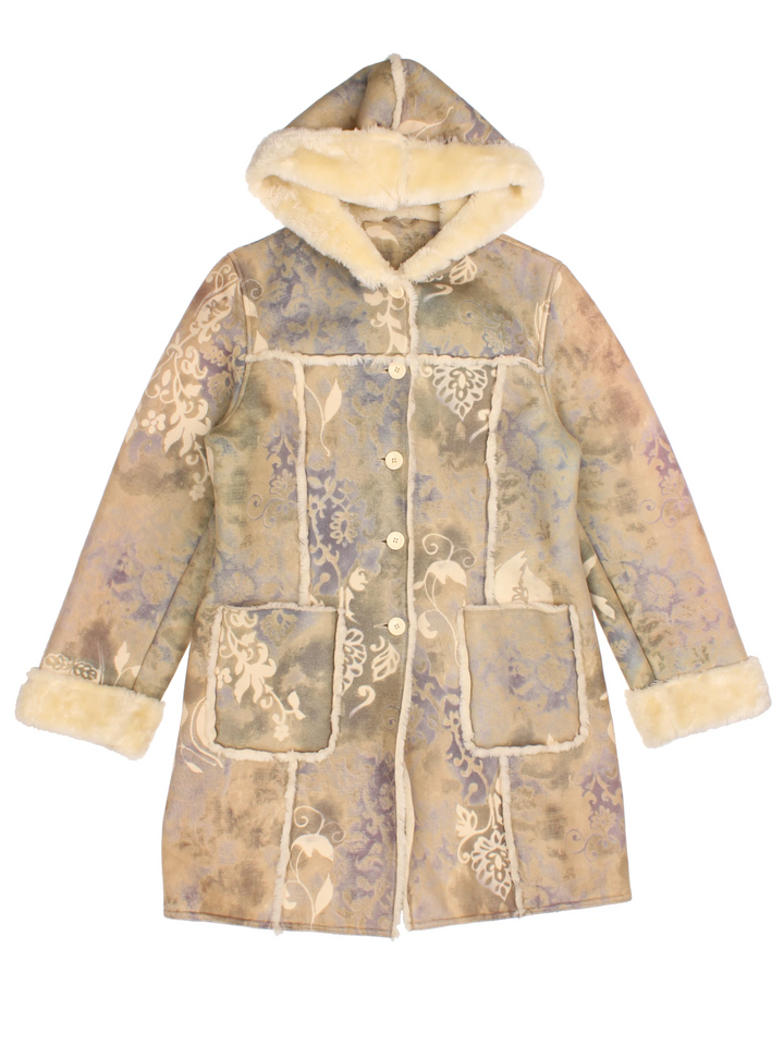 Vintage Afghan Shearling Coat in a multicoloured colourway. Buttons up with front patch pockets and faux fur lining.