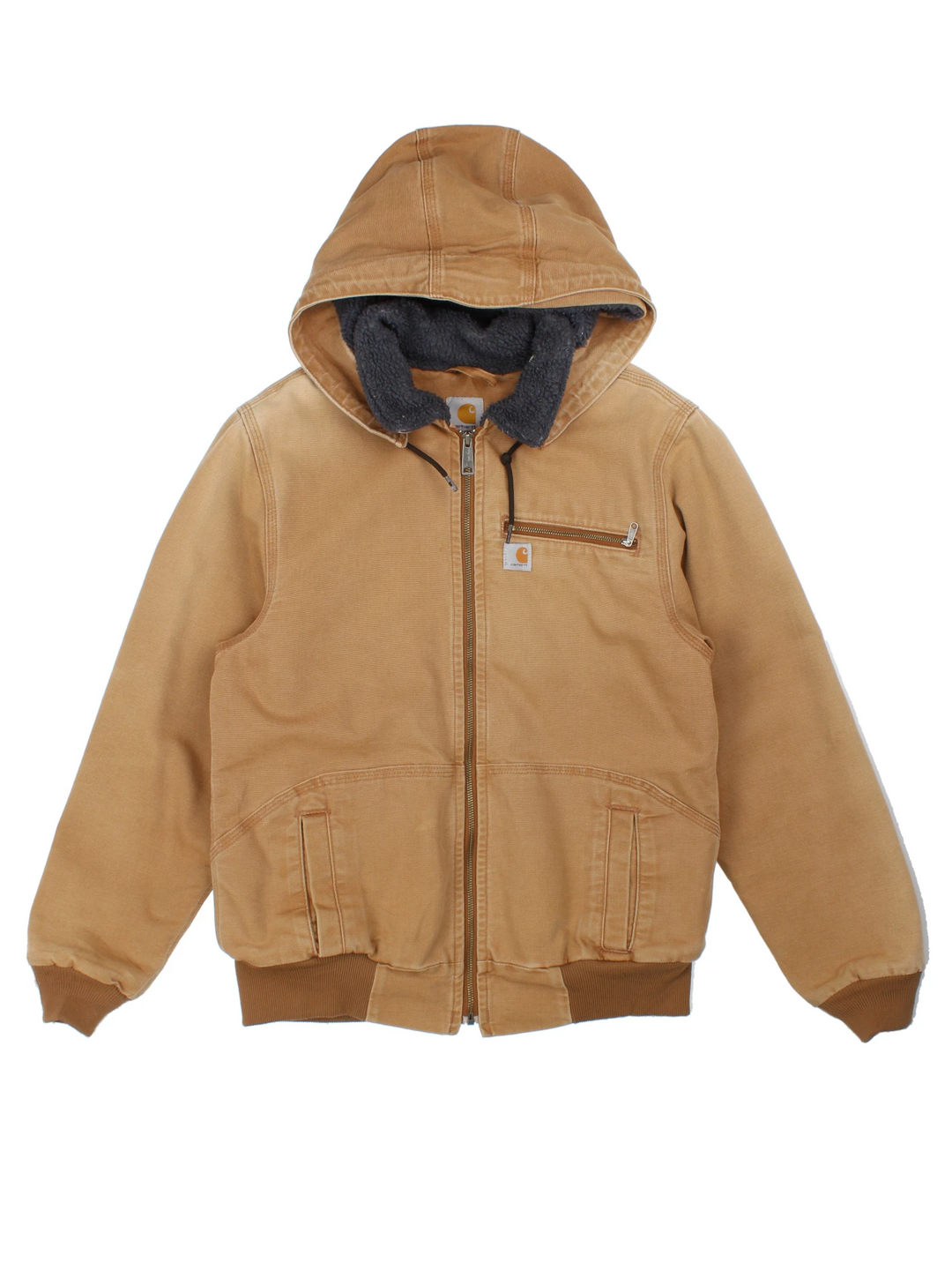 Carhartt Hooded Jacket in a brown colourway. Full zip with sherpa lining and multiple pockets on the front. Detachable hood, cuffed hem and sleeves, and has small classic logo on the front.