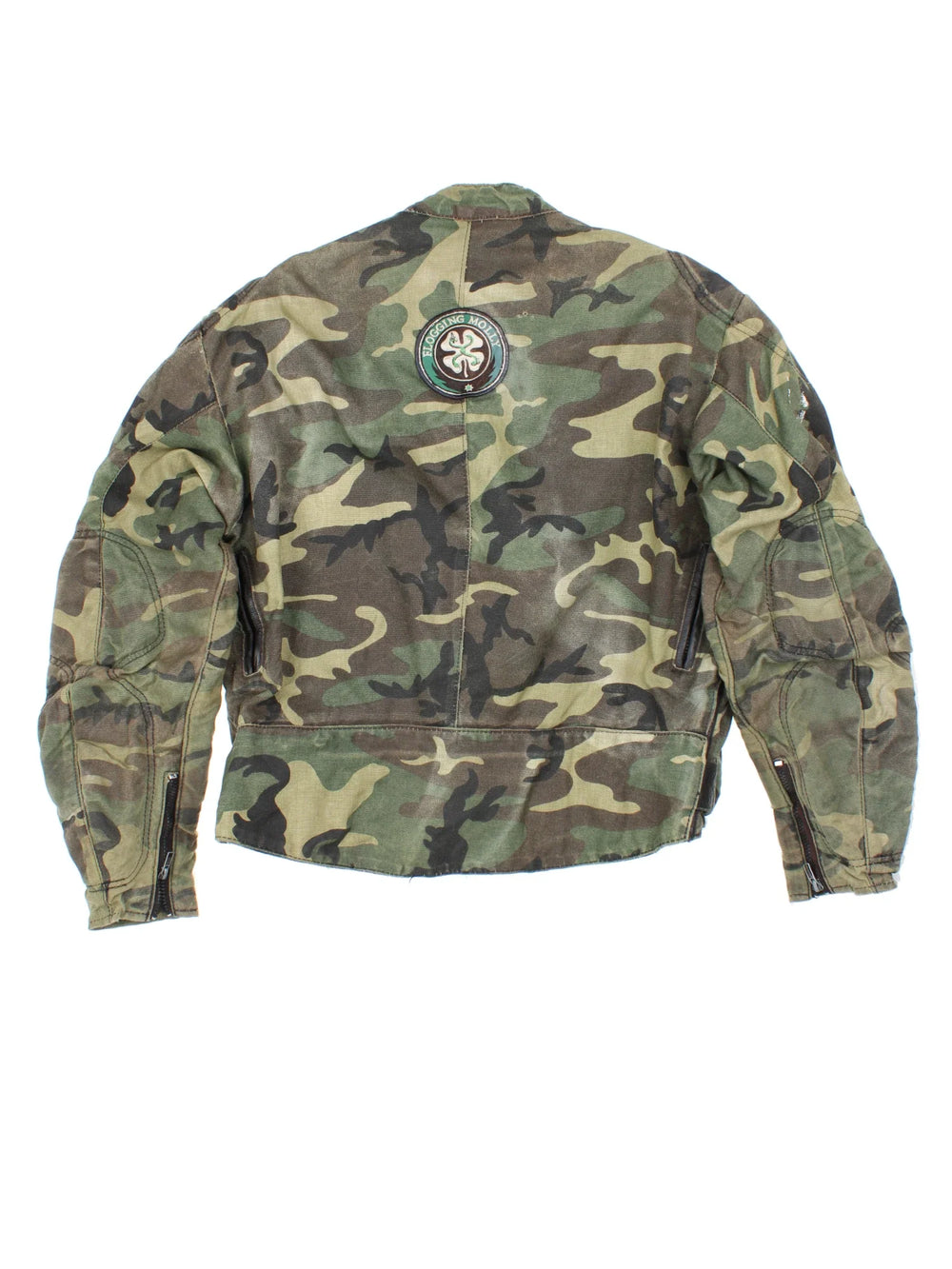 Vintage Vanson Quad Runner Camo Motorcycle Jacket in a green colourway. Zips up and has multiple pockets, and the logos embroidered on the sleeves and back.