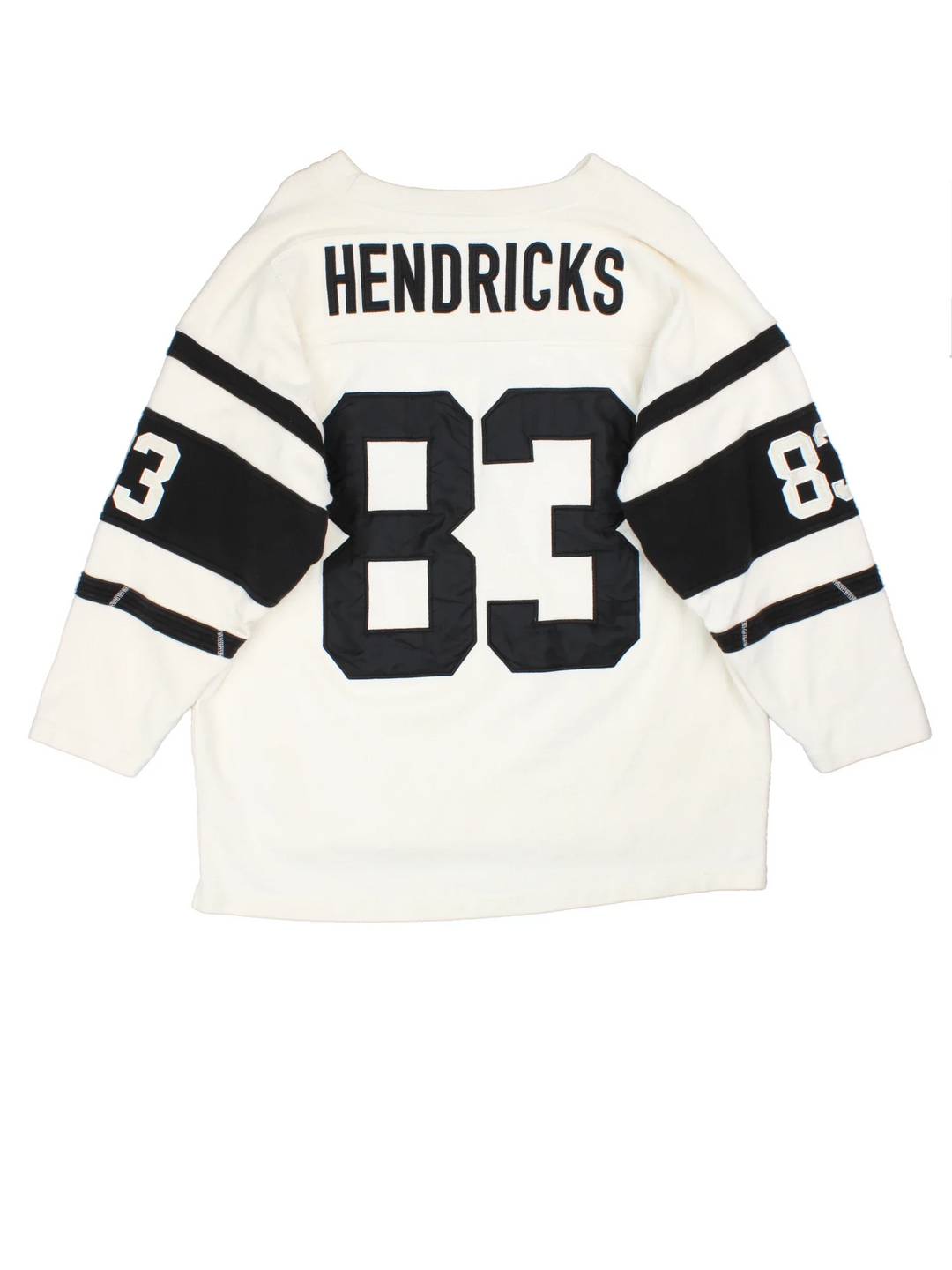 Hendricks NFL American Style Jersey in a tan colourway, features large number on the front with black stripe detailing on the sleeves and player name Hendricks #83 on the back.
