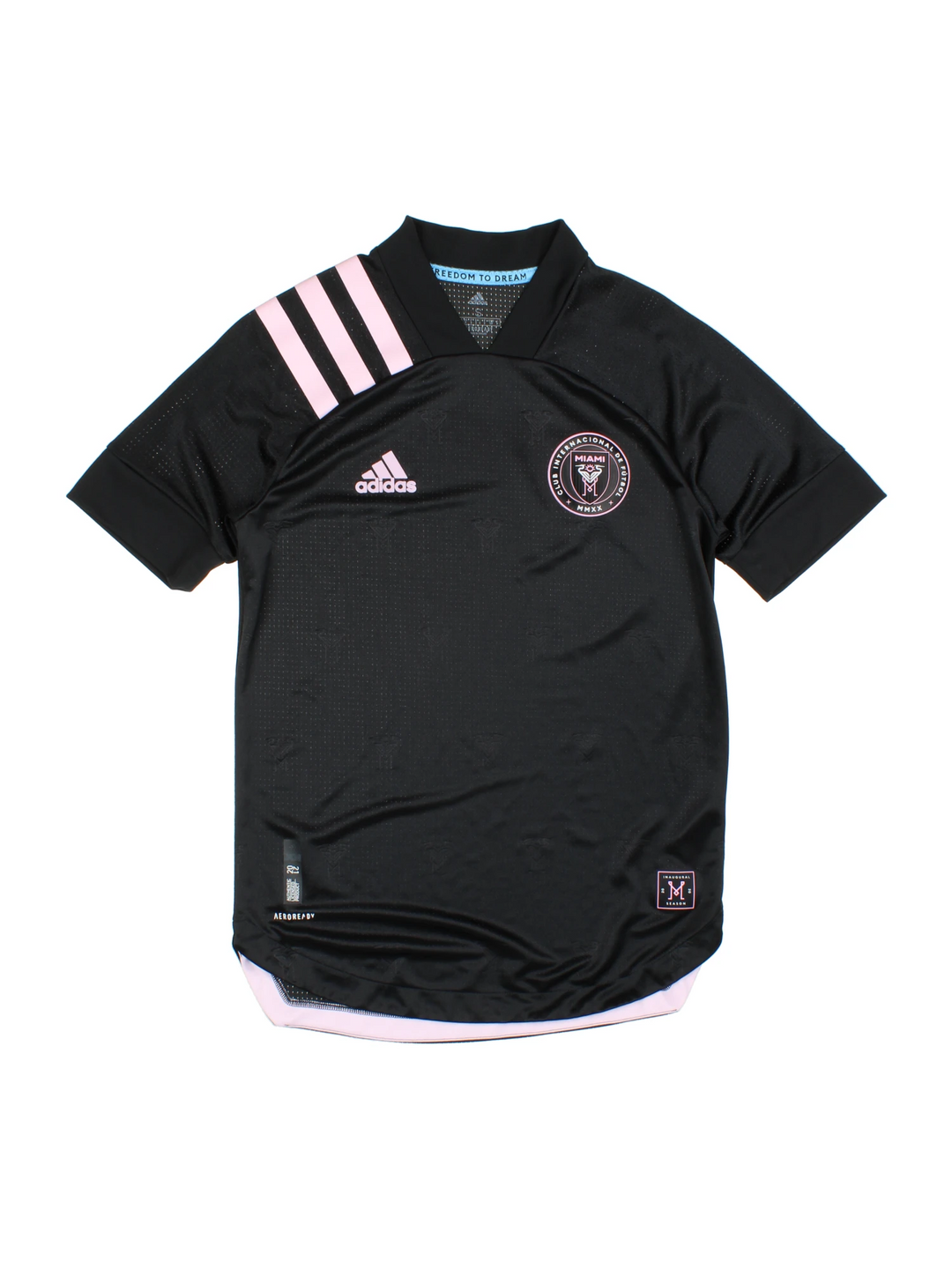 Inter Miami 2020/21 Adidas Football Shirt in the black and pink away kit colourway, features printed logo and badge on the front.