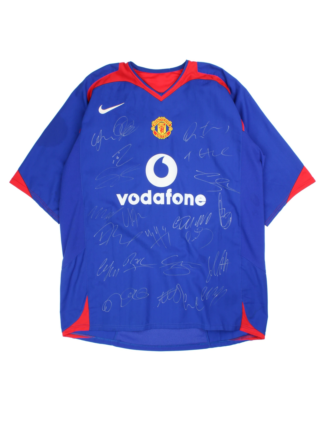 Manchester United 2005/06, Nike Football Kit in a blue, white and red colourway, signed by the players, V-neck and has logos printed on the front.
